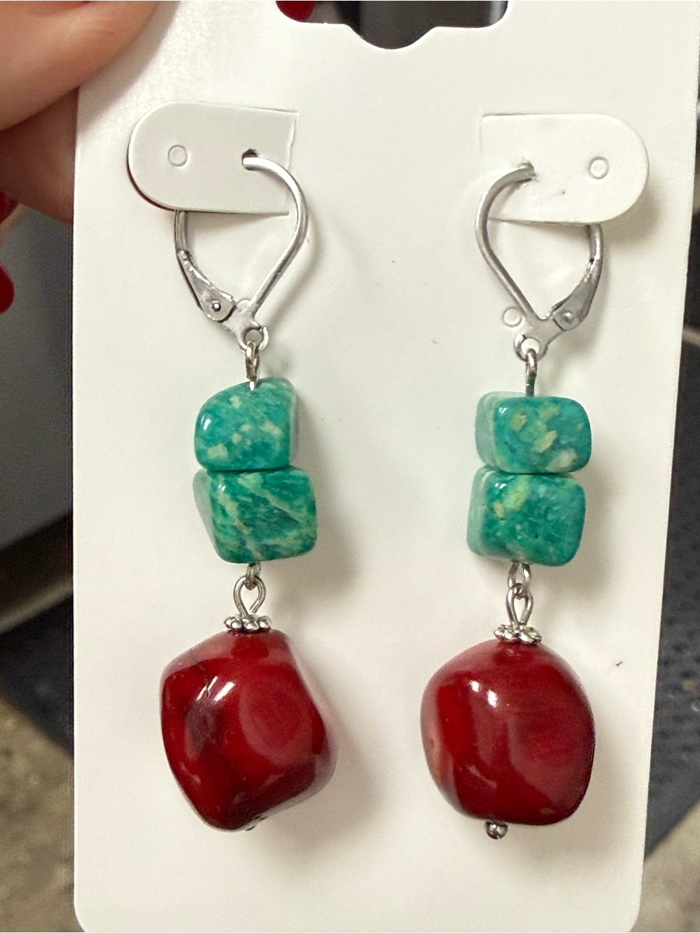 Handmade Turquoise & Red Stone Drop Earrings - Christmas